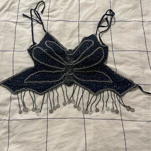 Navy Beaded Butterfly Top